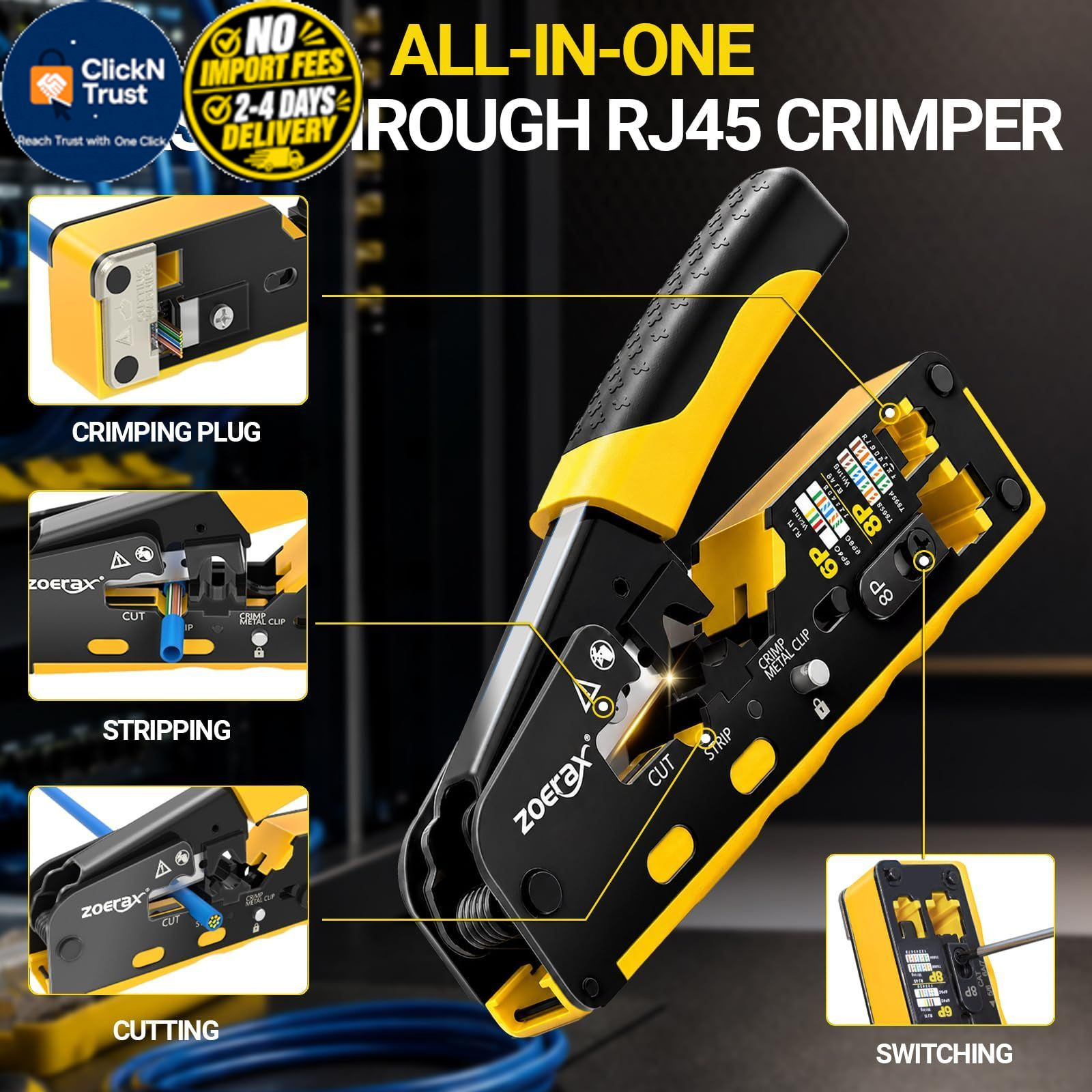 RJ45 Pass-Through Crimping Tool Kit for Cat7, Cat6, Cat5 – Includes Metallic