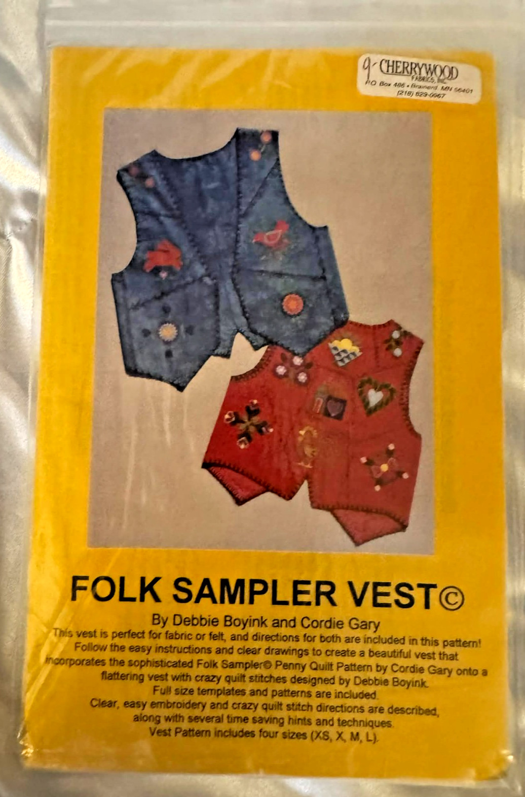 Cherrywood Fabrics Inc Folk Sampler Vest Pattern Sizes XS-L by Debbie Boyink