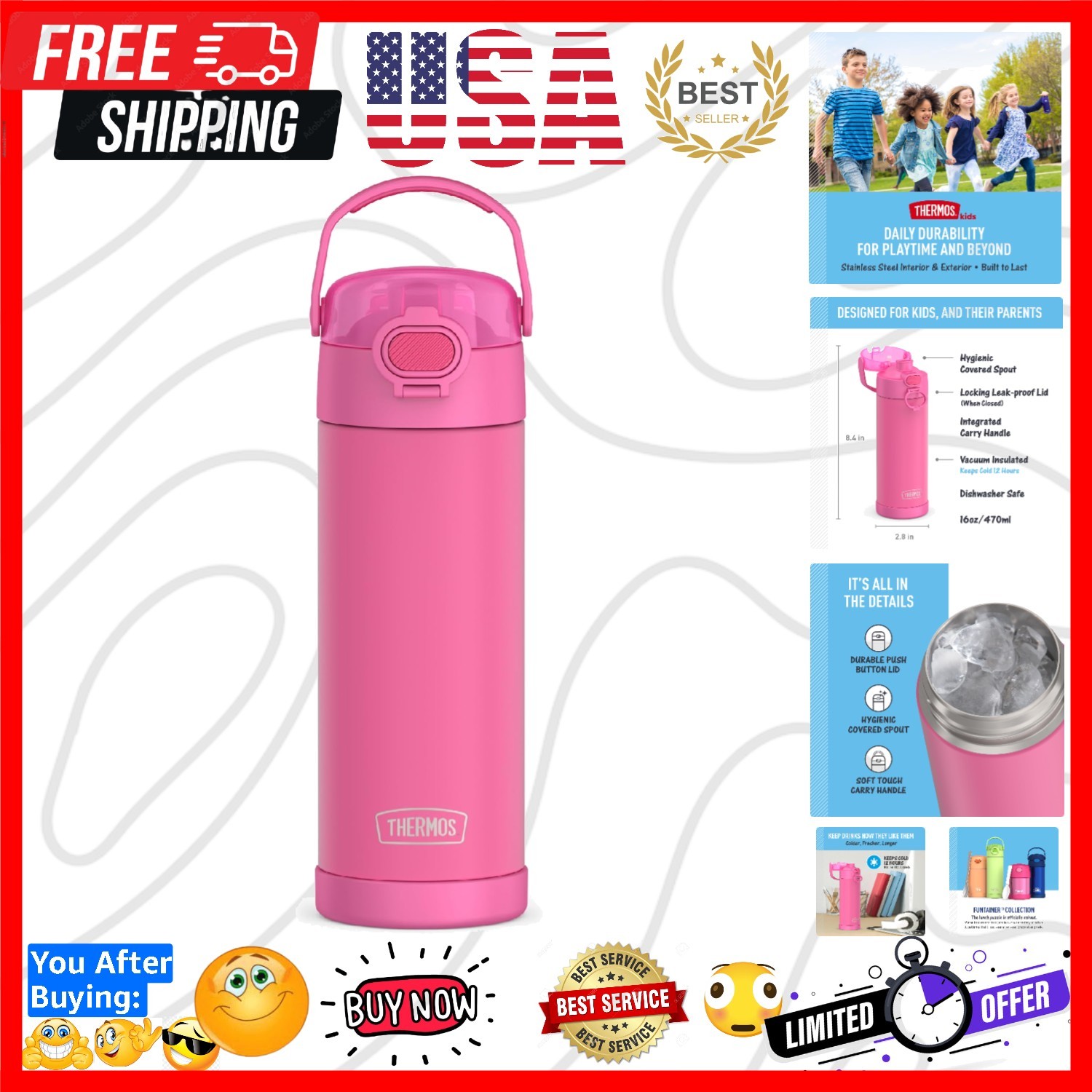 Kid-Friendly FUNTAINER 16oz Vacuum Insulated Water Bottle with Wide Spout - Pink