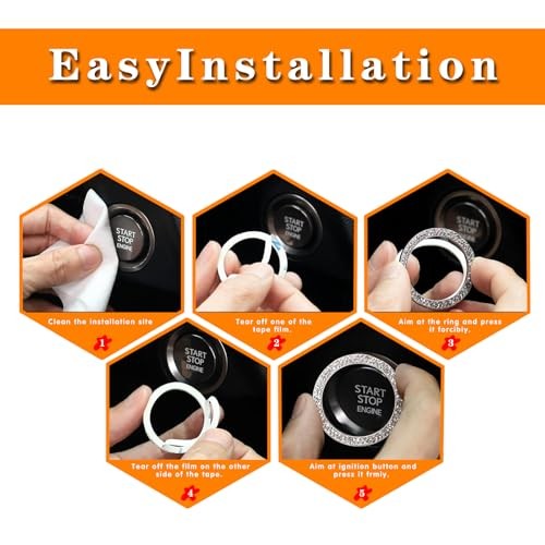 2PCS Push Start Button Ring,Bling Rhinestone Car Engine Start Stop blue-2