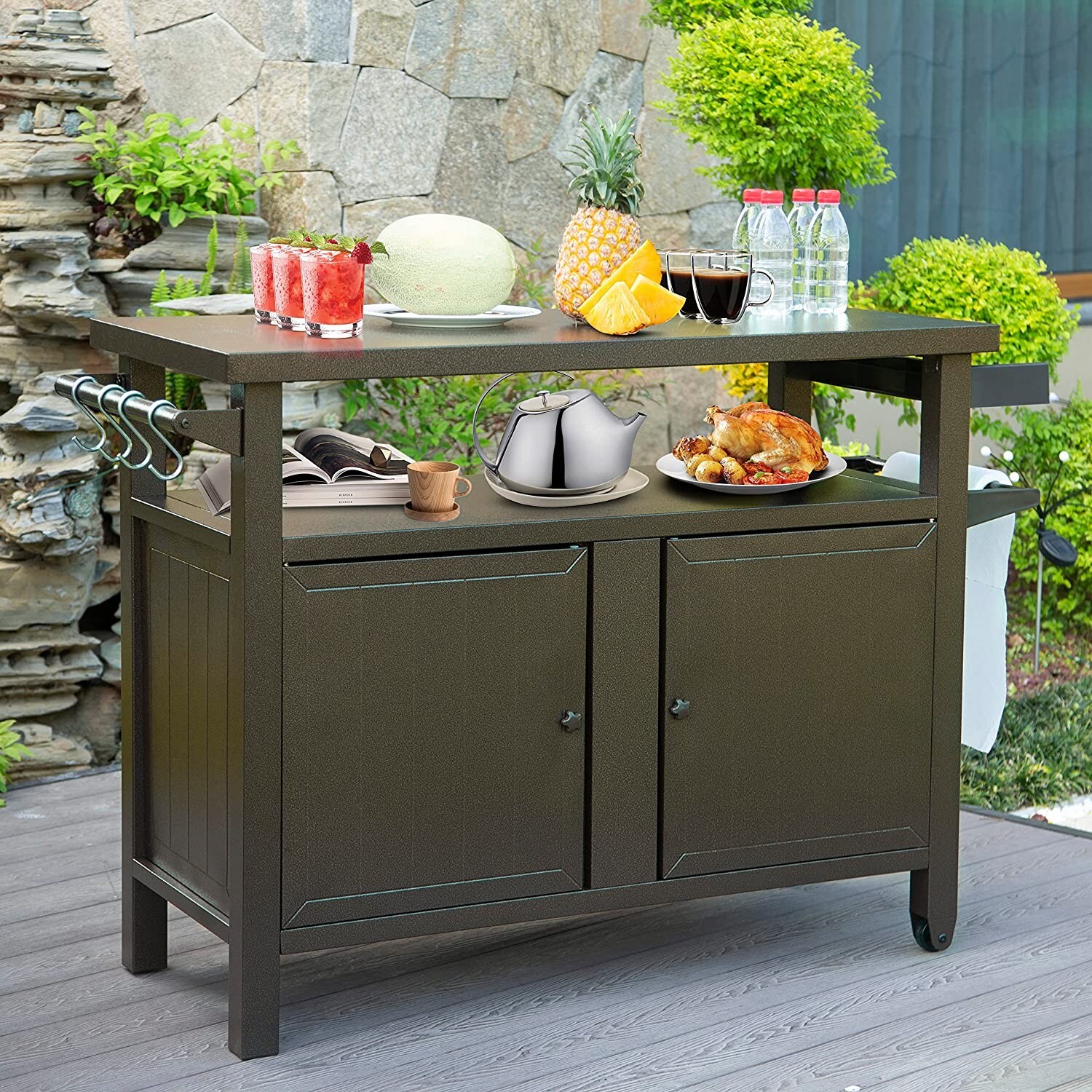 Domi Outdoor Grill Carts w/Wheels,Metal Table and Storage Cabinet for BBQ(Brown)