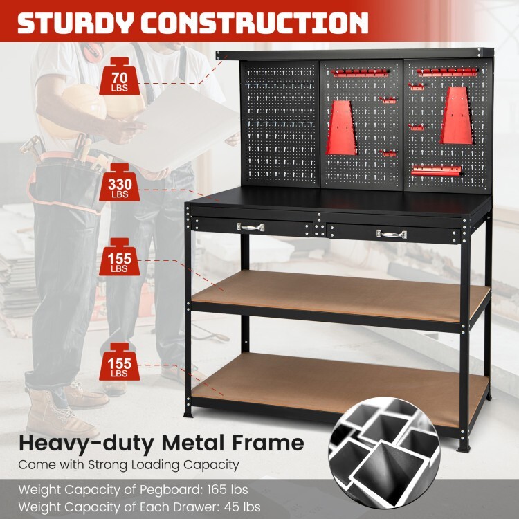 Workbench Multi Purpose Garage Wood Work Table Tool Organizer w/Drawers & Hooks