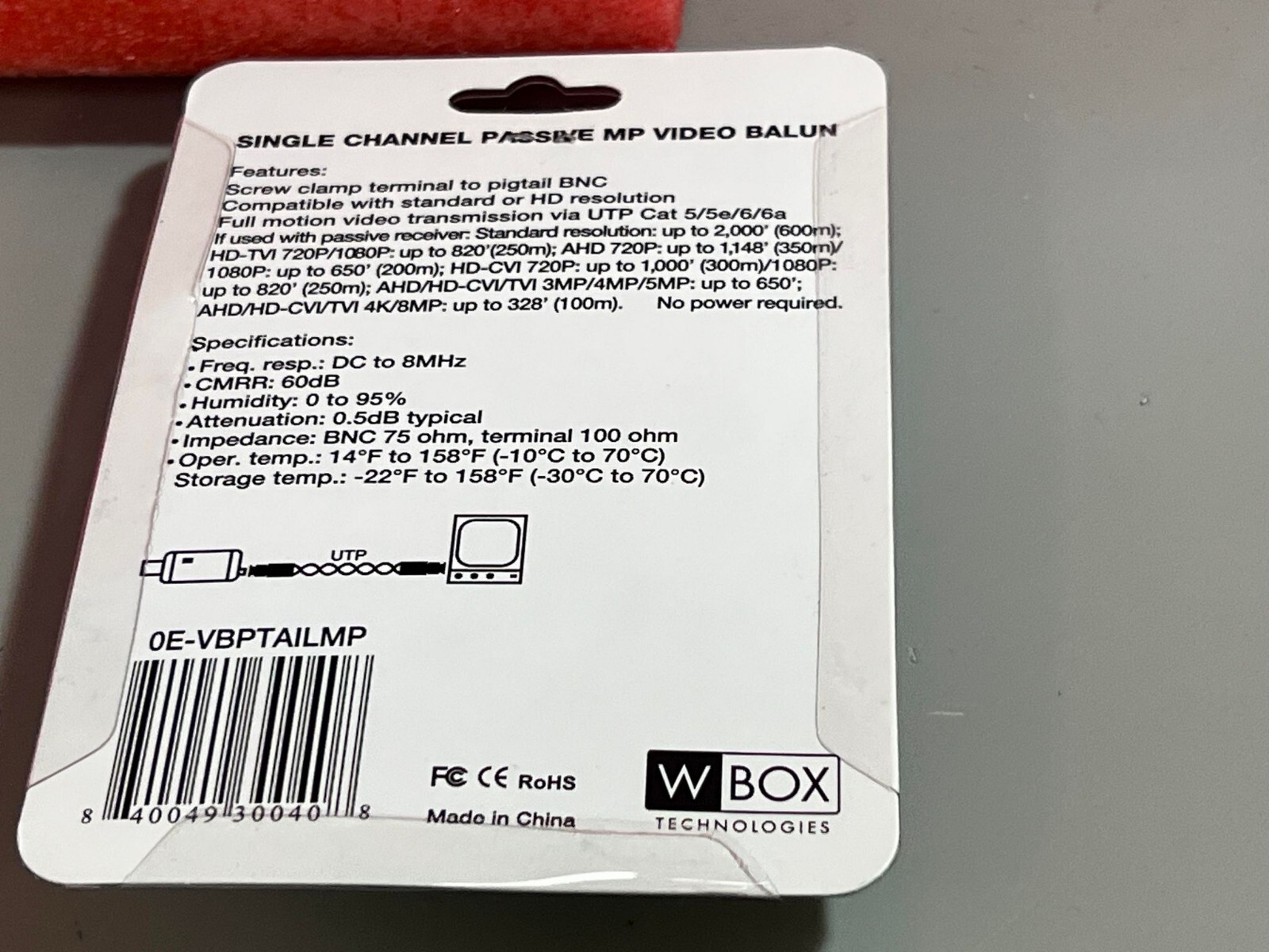 WBOX TECHNOLOGIES 0E-VBPTAILMP 4K/8MP VIDEO BALUN Pigtail BNC