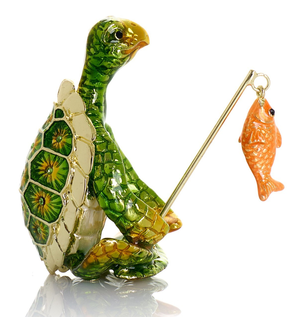 Keren Kopal Turtle Fishing Hand made Trinket box Decorated & Austrian Crystals
