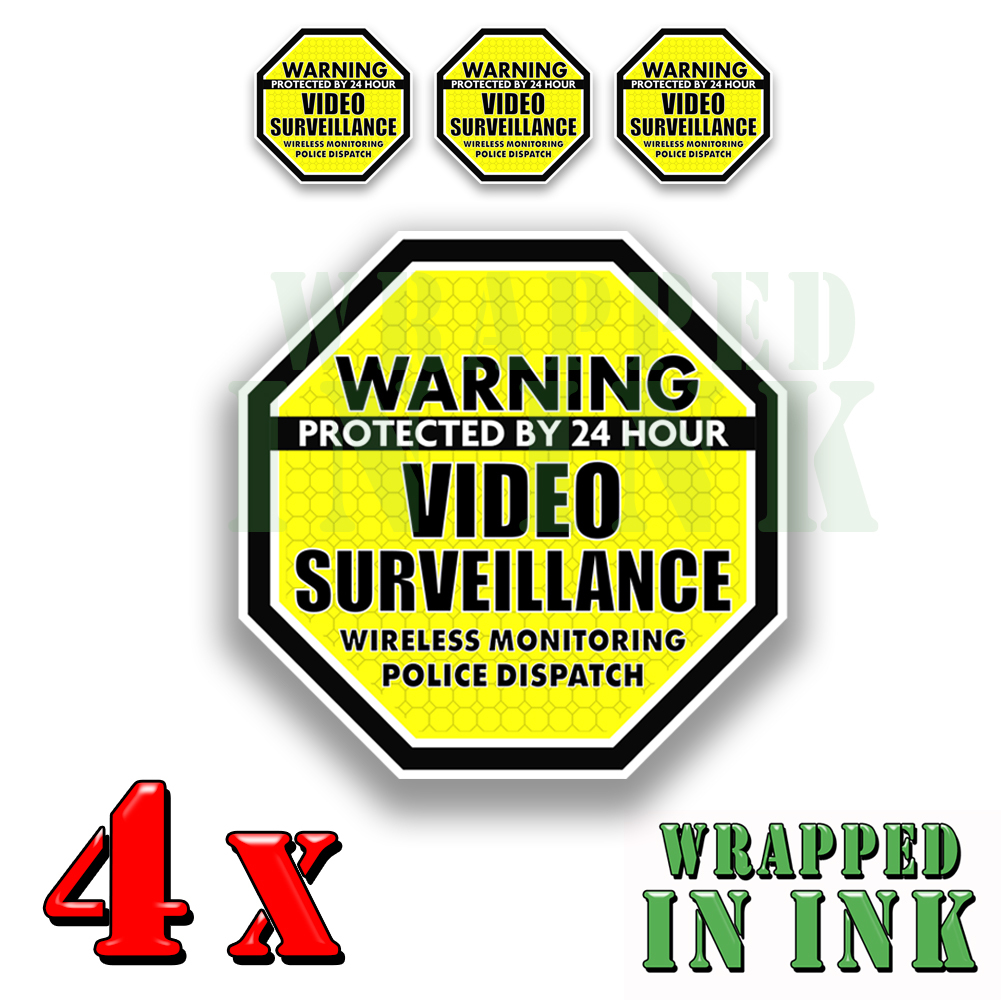 Warning 24 hour Video Surveillance Security Stickers YELLOW OCT. Decal 4 PACK 3"
