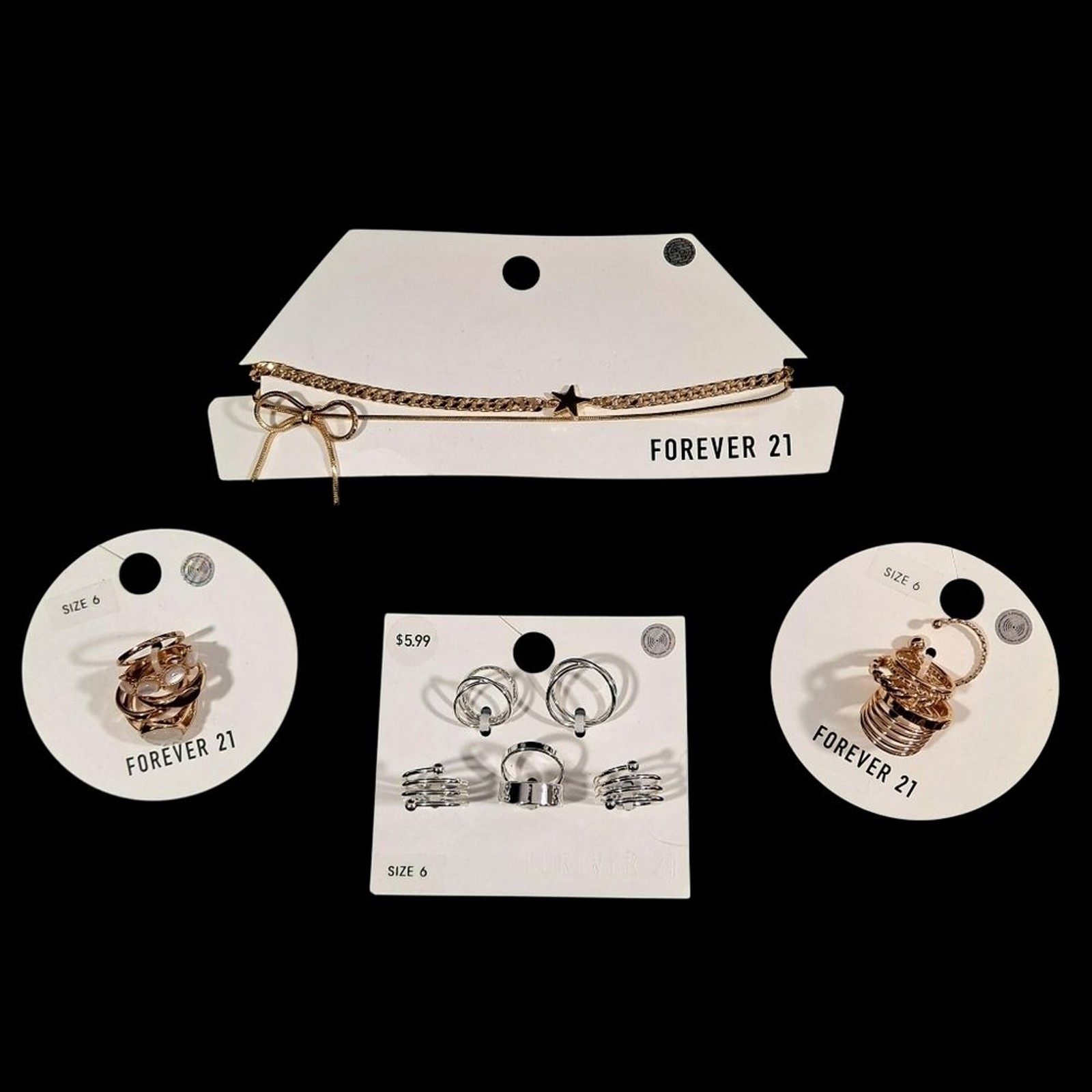 Forever 21 Gold & Silver Tone Jewelry Lot Necklaces Rings Size 6 NEW