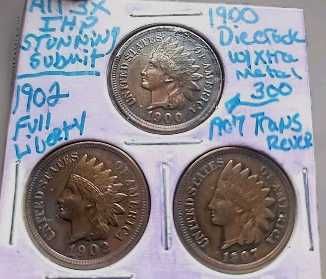3×FULL LIBERTY FULL OF DETAILS indian head cents lot 1900/1902/1907