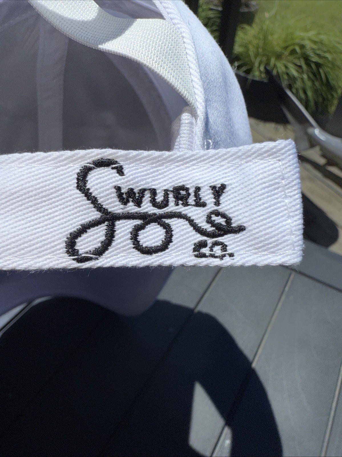 Swurly Co Black Logo on Silk Lined Baseball Hat Cap White Pony Tail Opening EUC