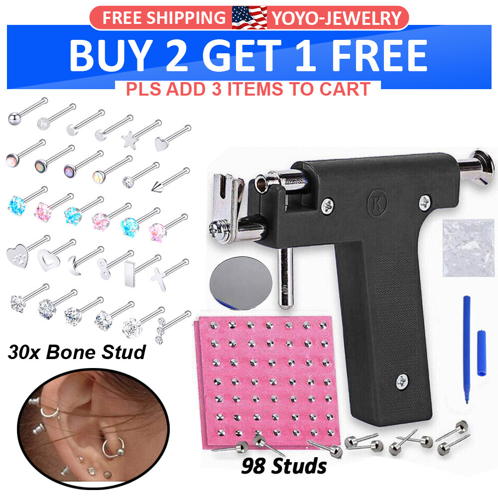 30-131pcs Ear Piercing Gun Kit with 316L Steel Bone Studs Nose Ring Home Salon