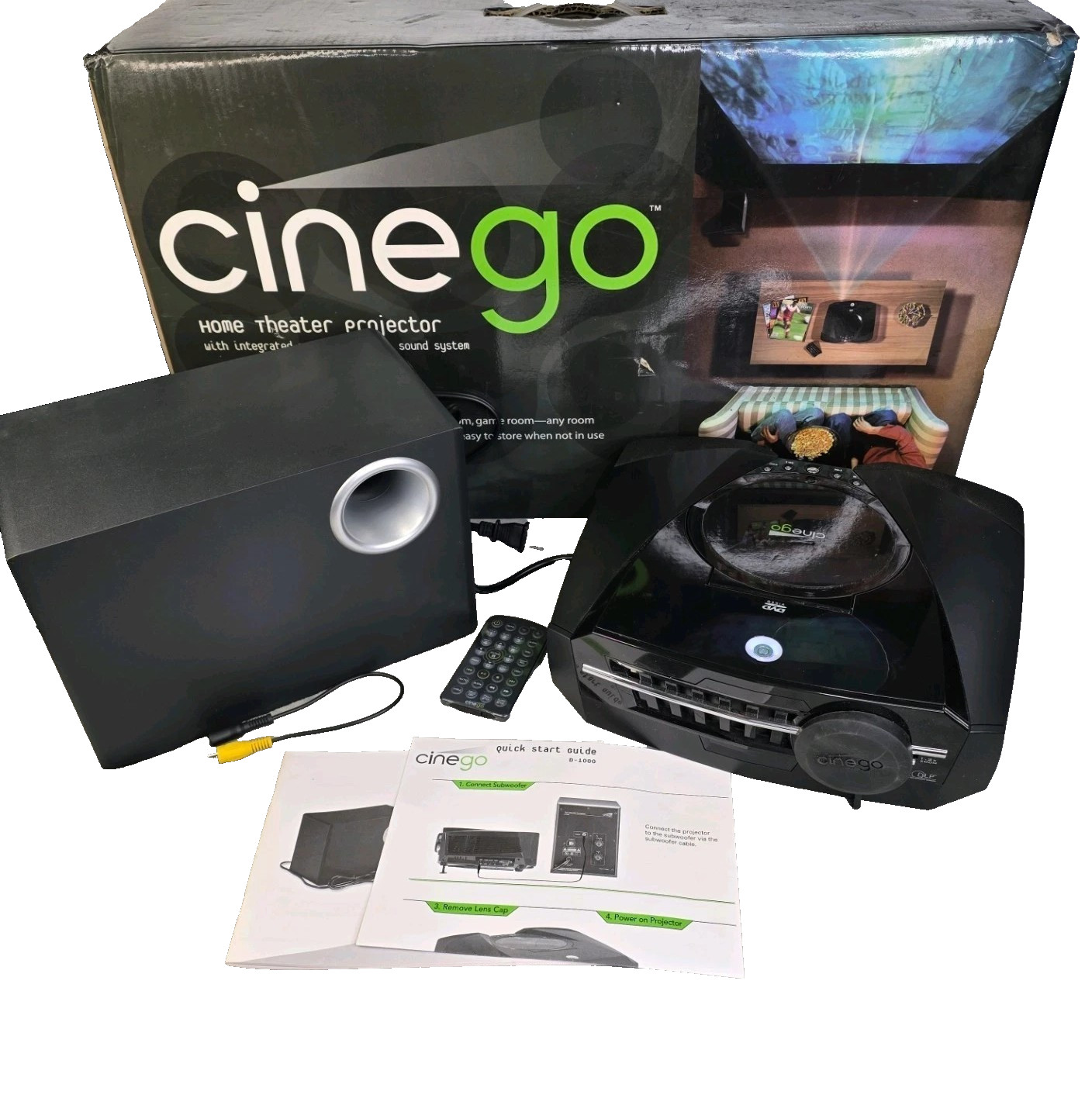 Cinego DLP Projector D-1000 w Cinego Subwoofer Speaker D-1000