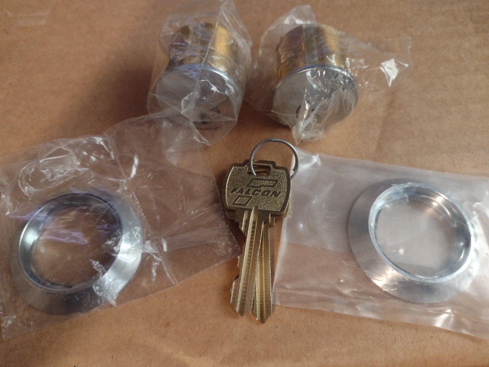 2 - Falcon 1 1/8" Mortise Cylinders W/2 Matching Keys Satin Finish F1 Tailpiece