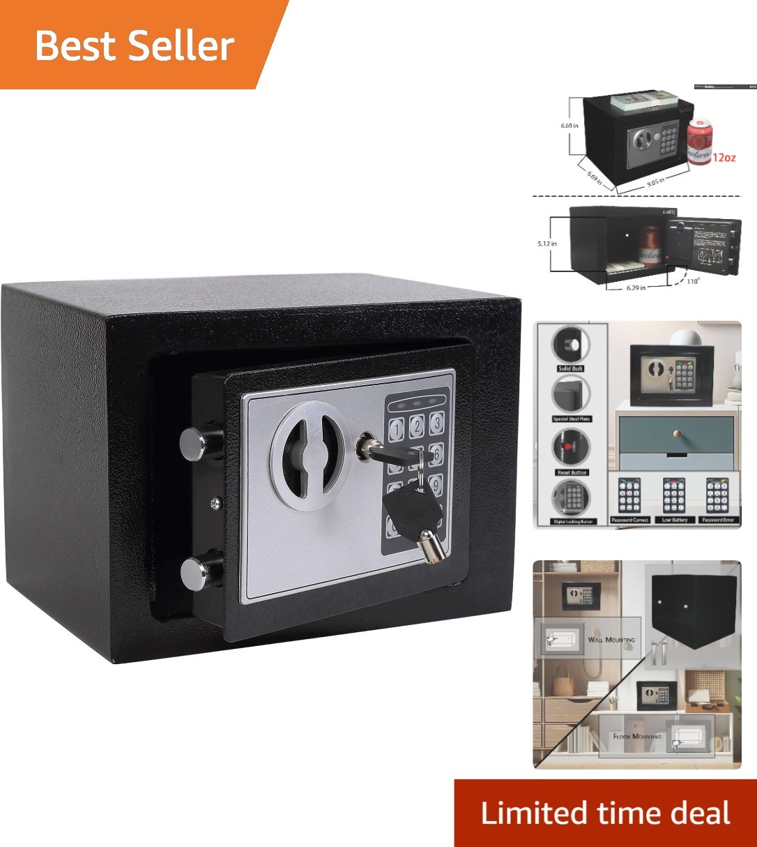 Safe Box with Electronic Keypad, Small Hidden Steel Security Lock Box with Ke...