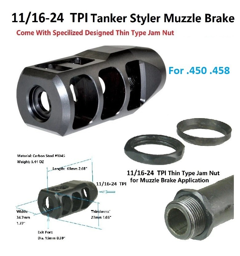 Steel .458 .450 Tanker Style Competition Muzzle Brake 11/16x24 TPI With Jam Nut