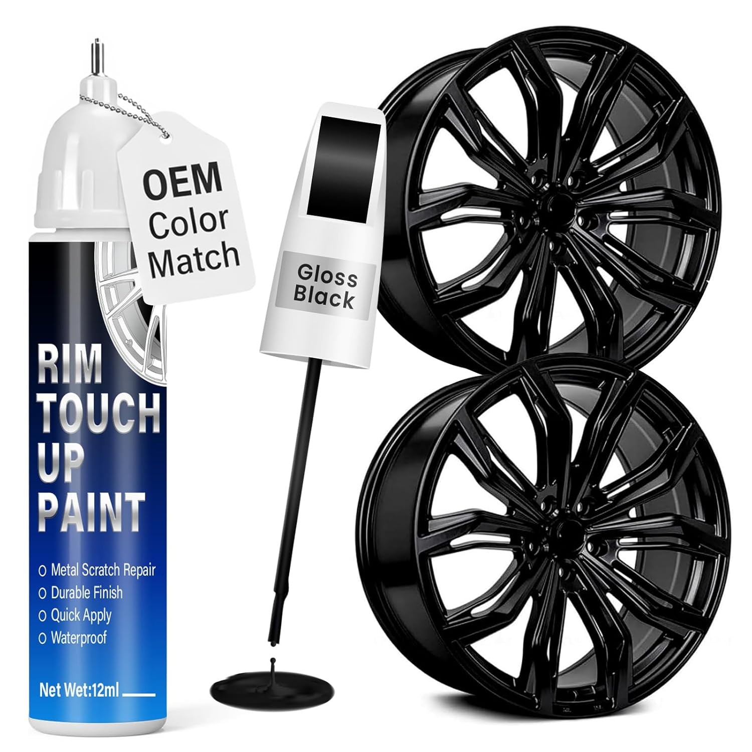 Gloss Black Car Rim Touch Up Paint 2-in-1 Brush 0.4 fl oz Universal Black