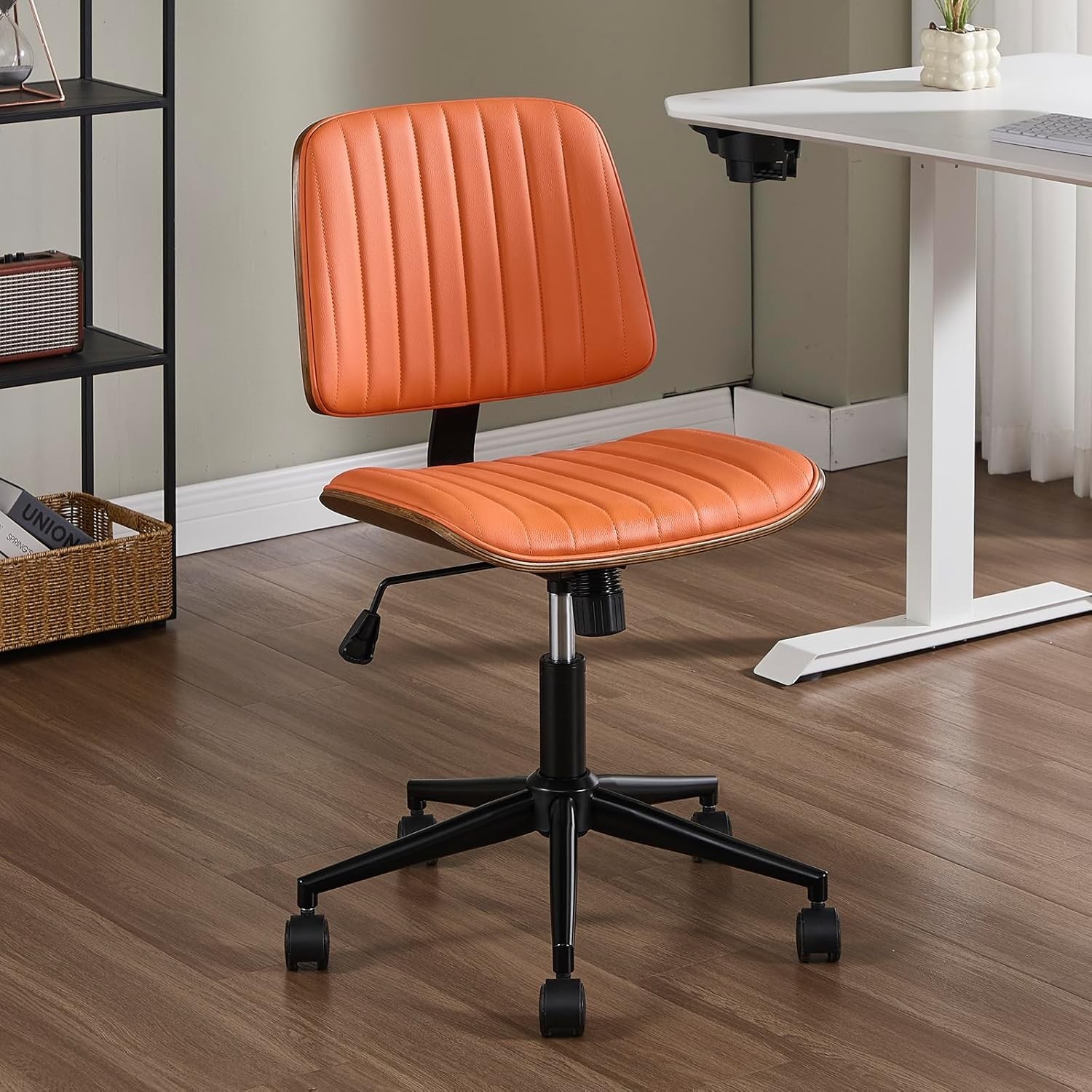 Small Home Office Chair Armless Mid Back Desk Chair W/ 360° Swivel & Wheels PU