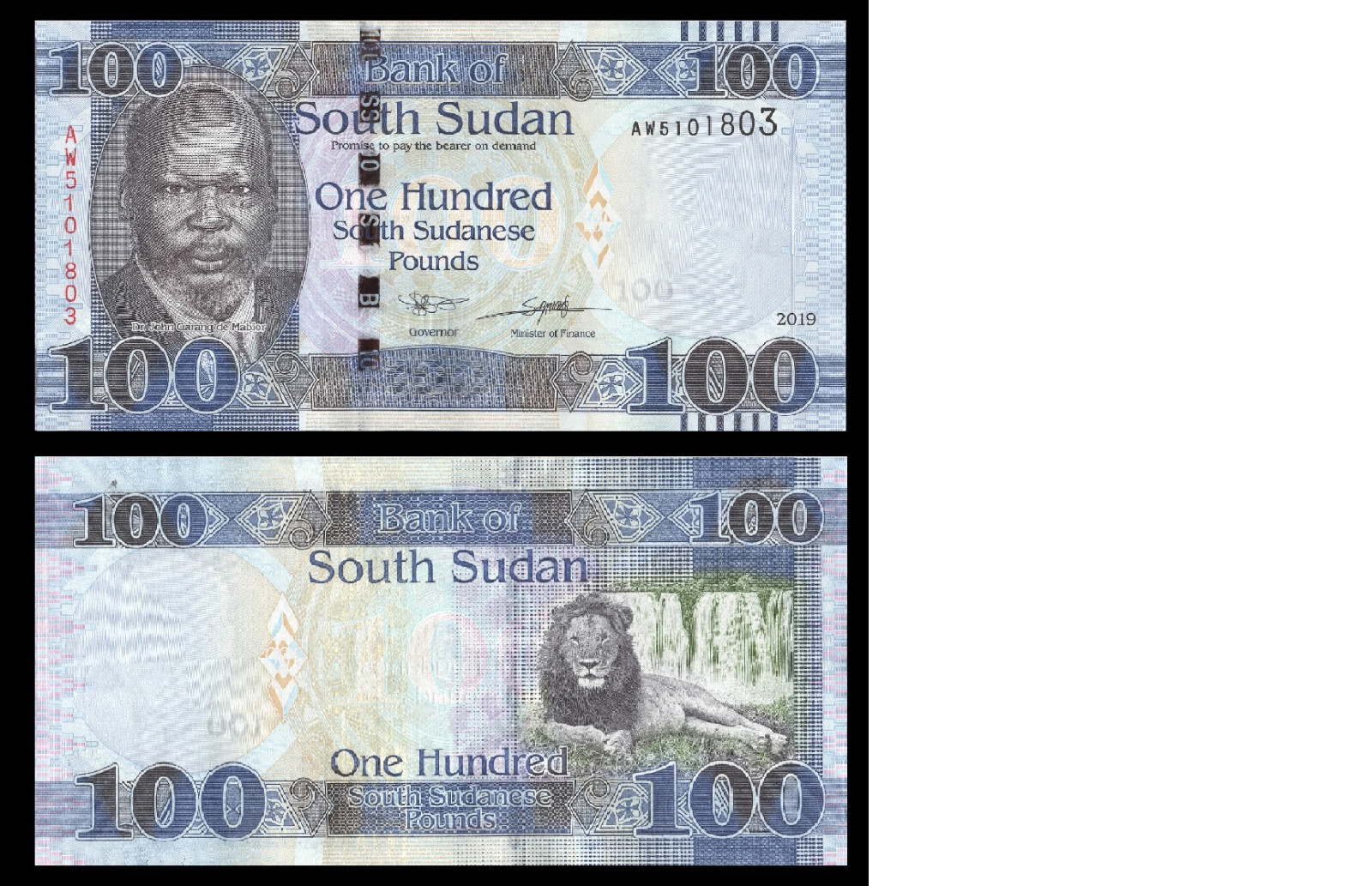South Sudan P15d, 100 Pounds, Dr John de Mabior / lion, waterfalls UNC $20CV
