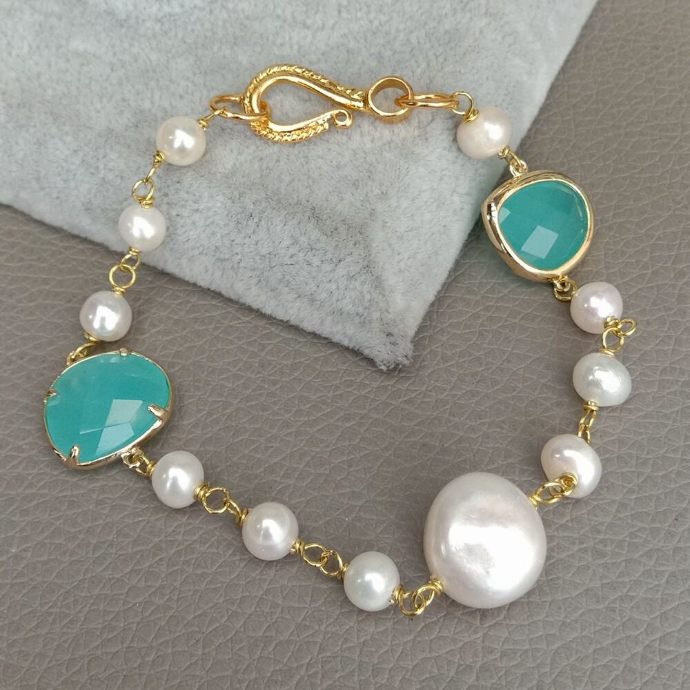 White Baroque Pearl Blue Crystal Bracelet 8''