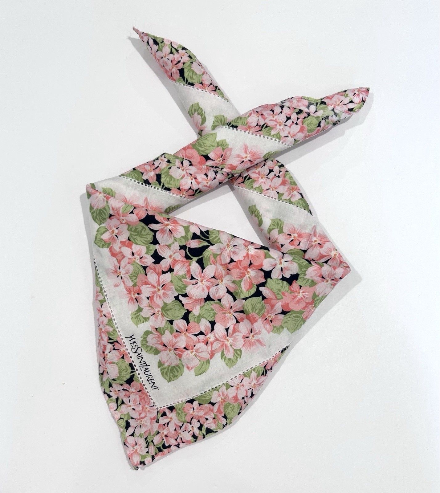 WOMEN HANDKERCHIEF YSL Floral Pink Green COTTON POCKET SQUARE 18”