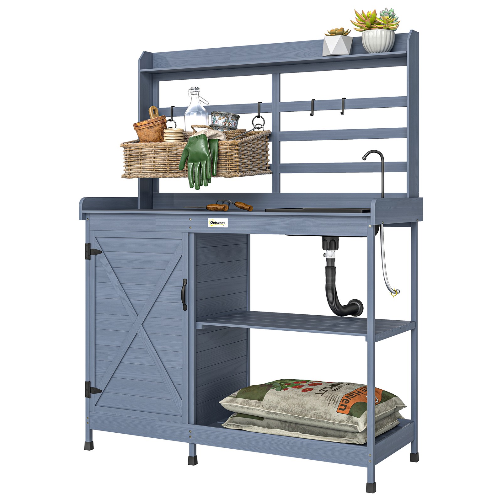 Outsunny Gray Wooden Potting Bench with Storage, Sink, Water Tap