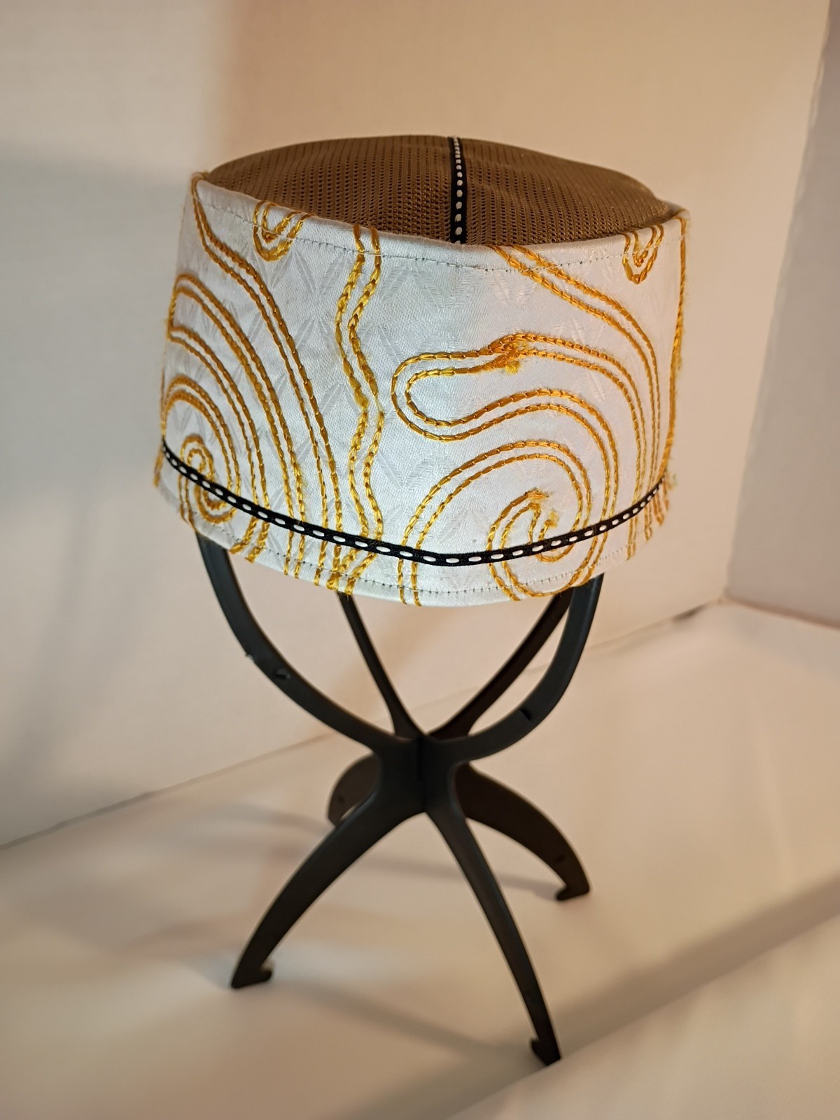 Handmade African Crown Kufi. Made In White Jacquard Kente Gold & Black Braided.