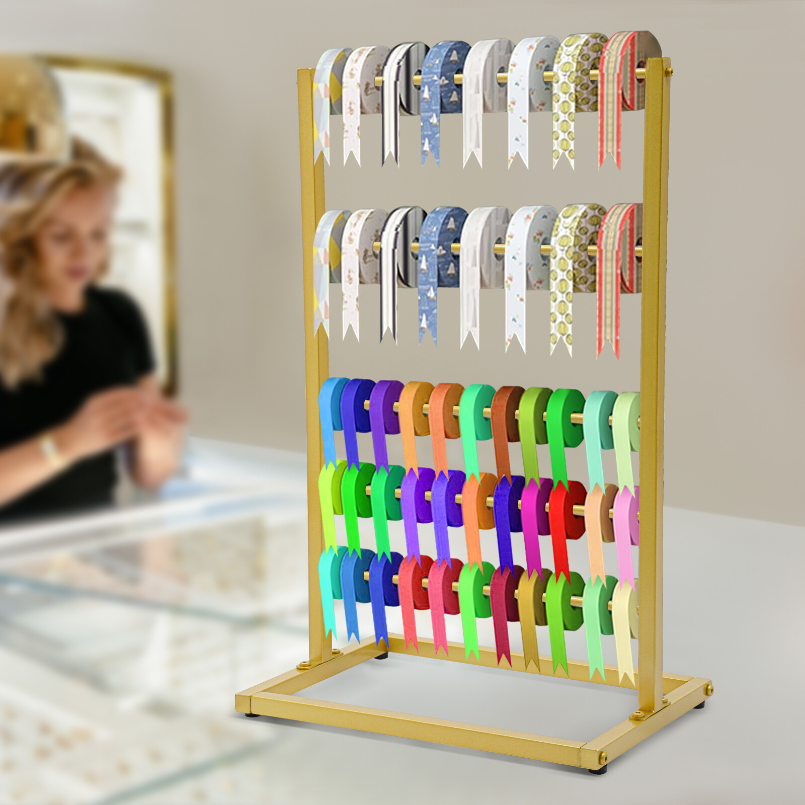 5 Tier Metal Rack Free Standing Ribbons Hanging Shelf Scarf Display Stand Gold
