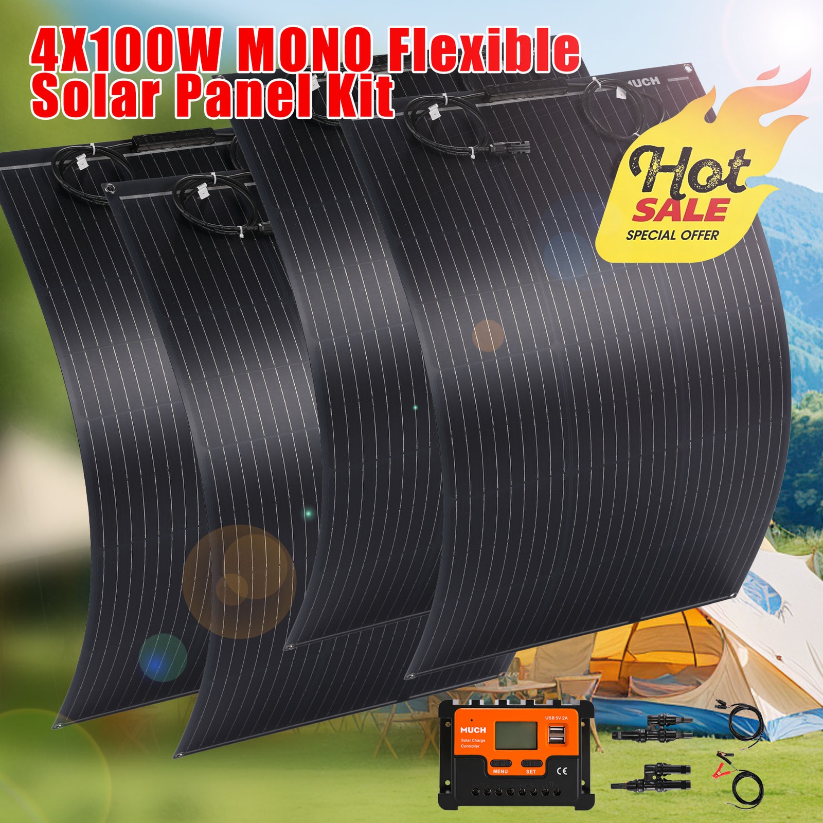 MUCH 4 x 100W Flexible Solar Panel Kit High Conversion Mono for RV/Camp/Boat