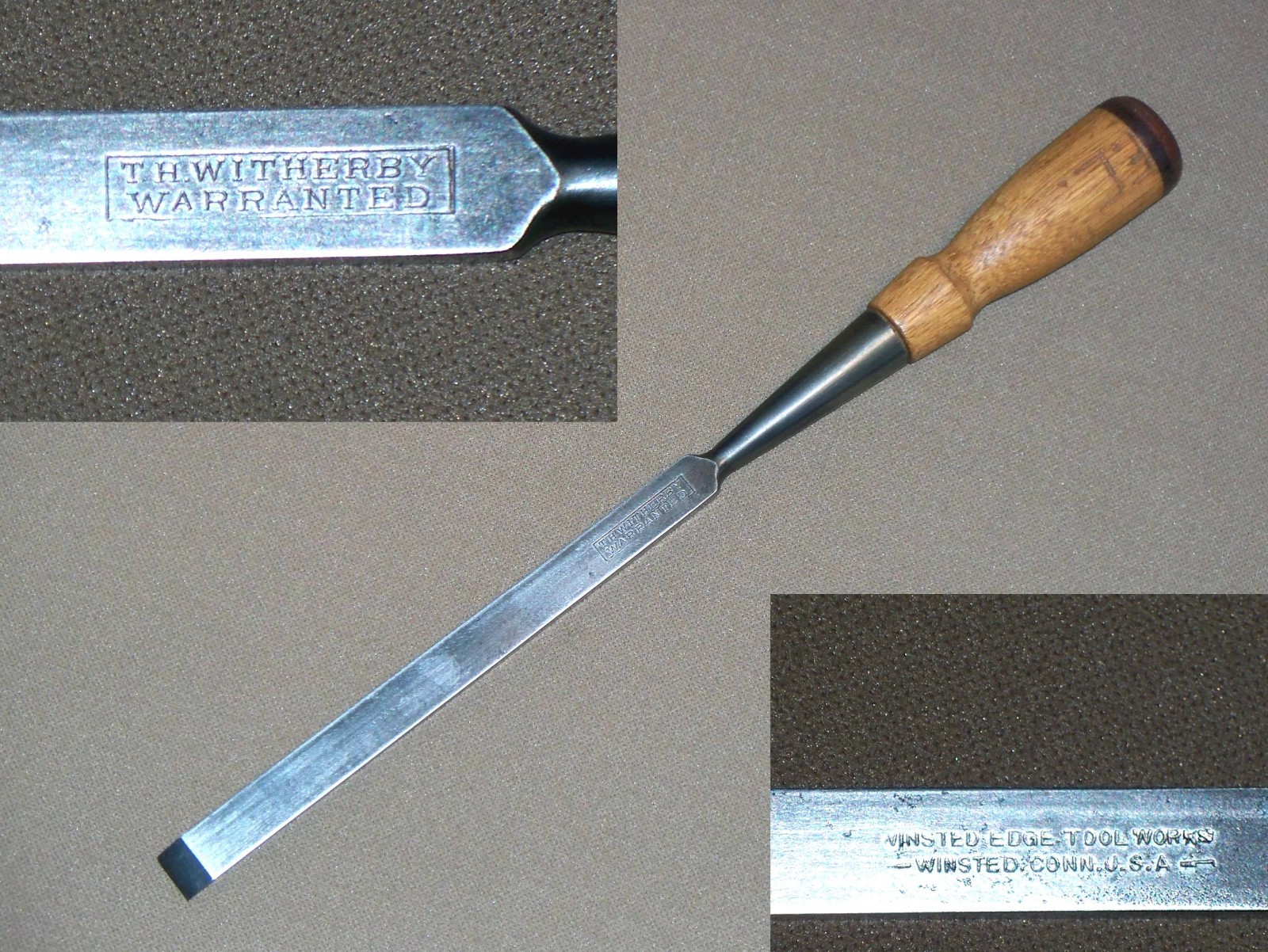 #52 1916 1921 Vtg WINSTED T.H. Witherby 1/2” Straight Edge Wood Socket Chisel