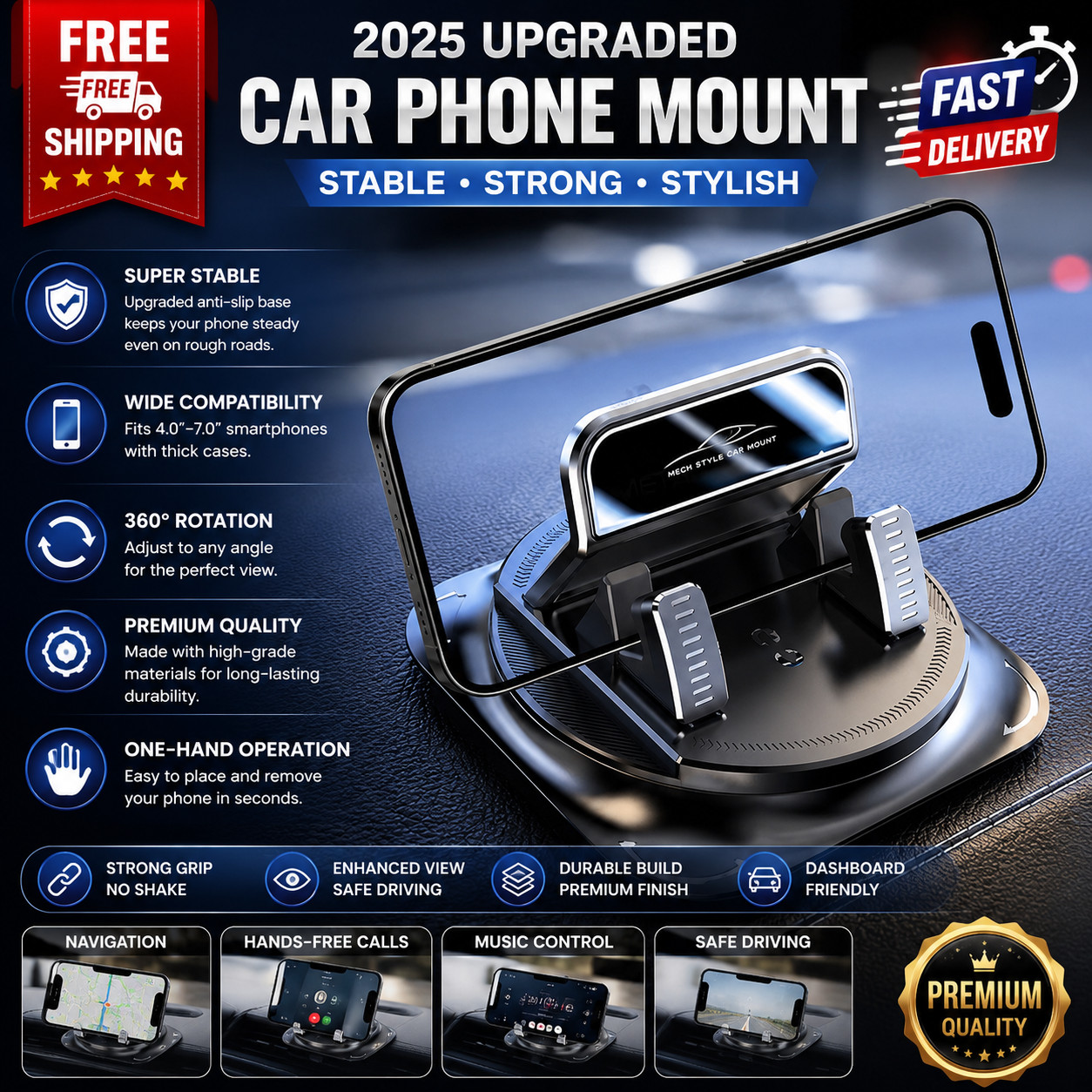 Car Phone Holder 360 Degree Rotation, Navigation Dashboard Mount Black