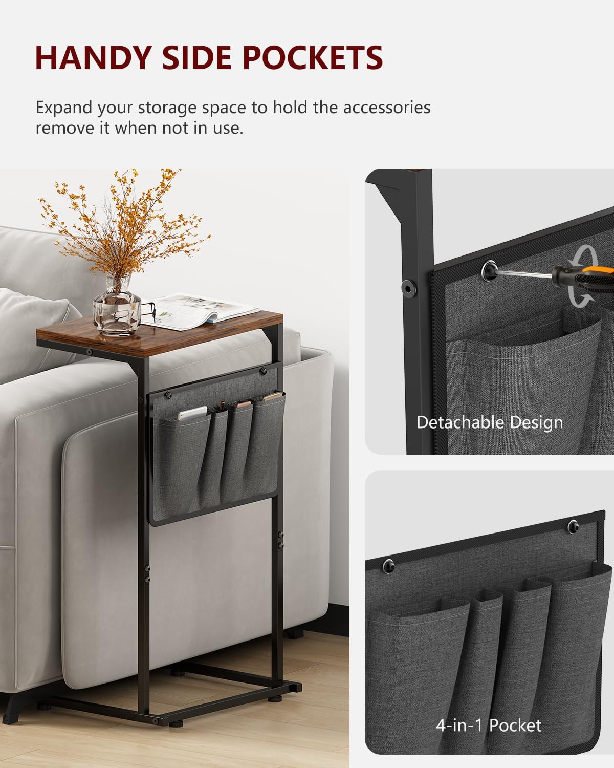 C Shaped End Table, Small Side Table for Couch and Recliner, Slide Under Sofa...