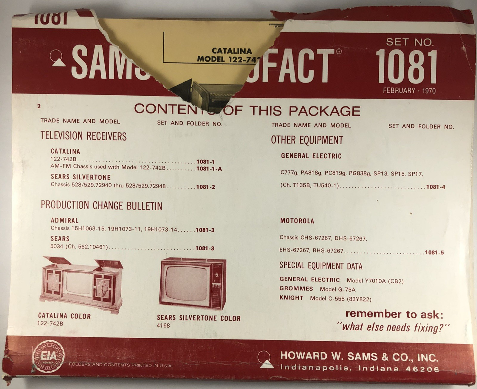 SAMS PHOTOFACT FOLDER SET NO. 1081, 1970, SCHEMATICS & SERVICE MANUALS