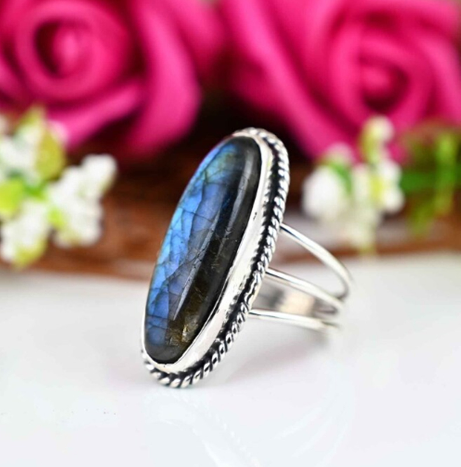 Labradorite Ring Gemstone Solid 925 Sterling Silver Wonderful Pretty Ring MK*