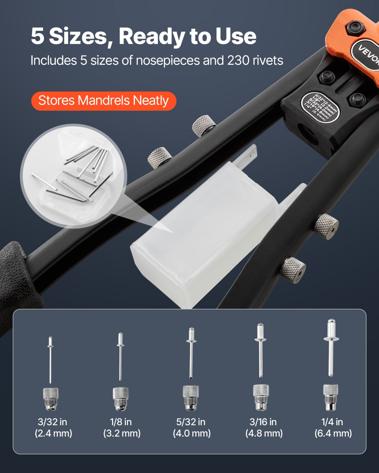 VEVOR Pop Rivet Gun Kit w/ 230 Rivets, 5 Nosepieces, Drill Bits & Case