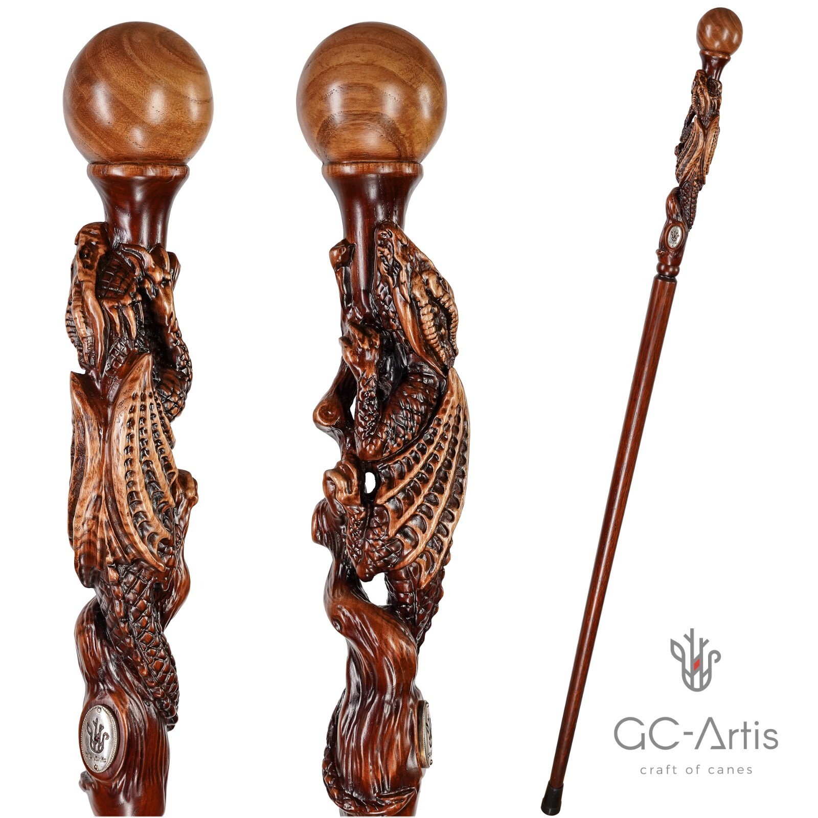 New Wood  Dragon Hand Carved Walking Cane Hiking Stick Staff Wooden Top Knob