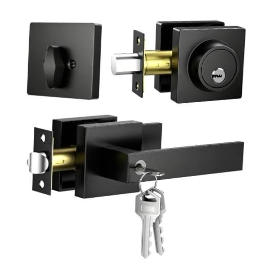 Exterior Door Lock Set, Entry Door Combo Lockset with Black Door Handle and