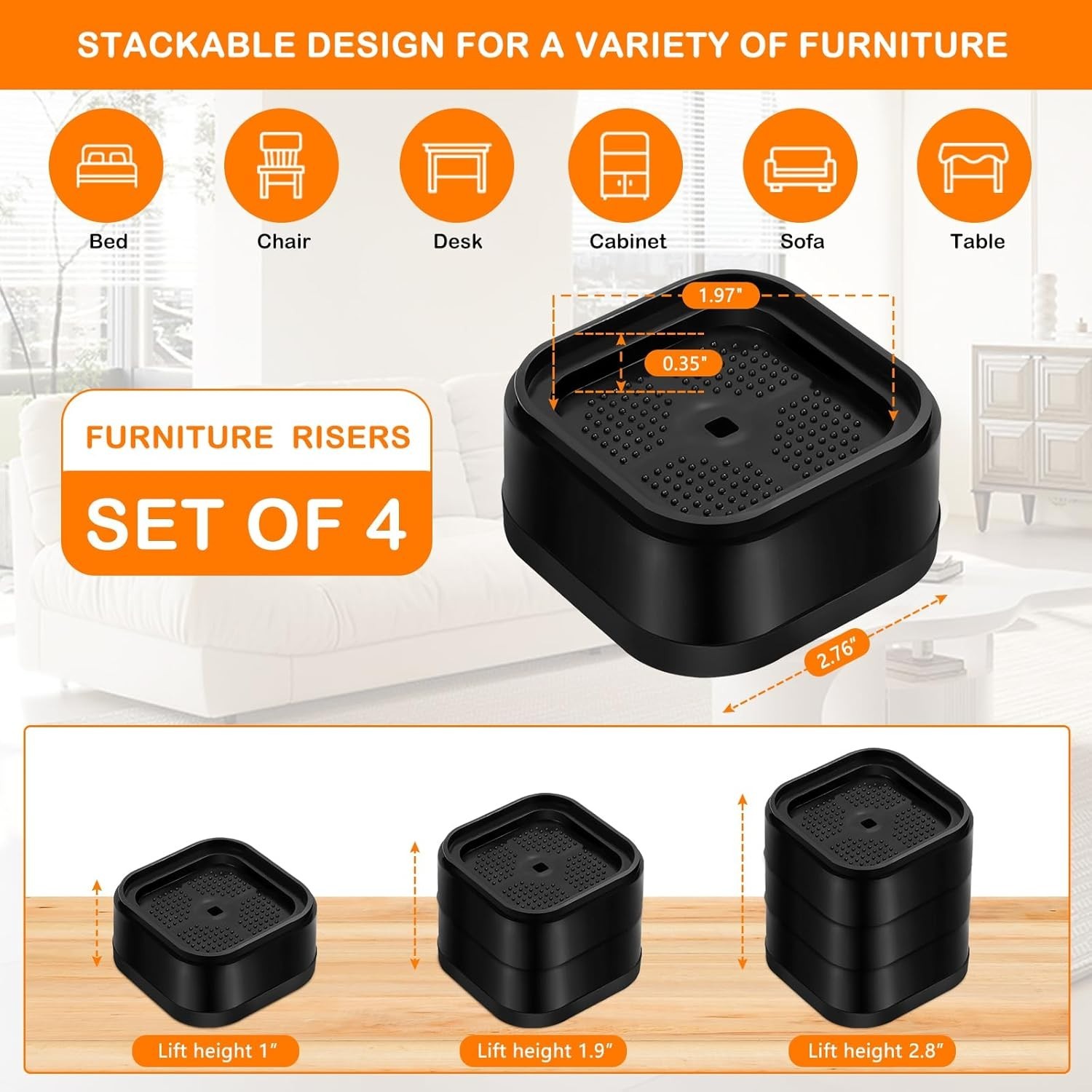 4 Pack Adjustable Bed Risers for Safe, Elevated Furniture - 1" to 2.8" Height