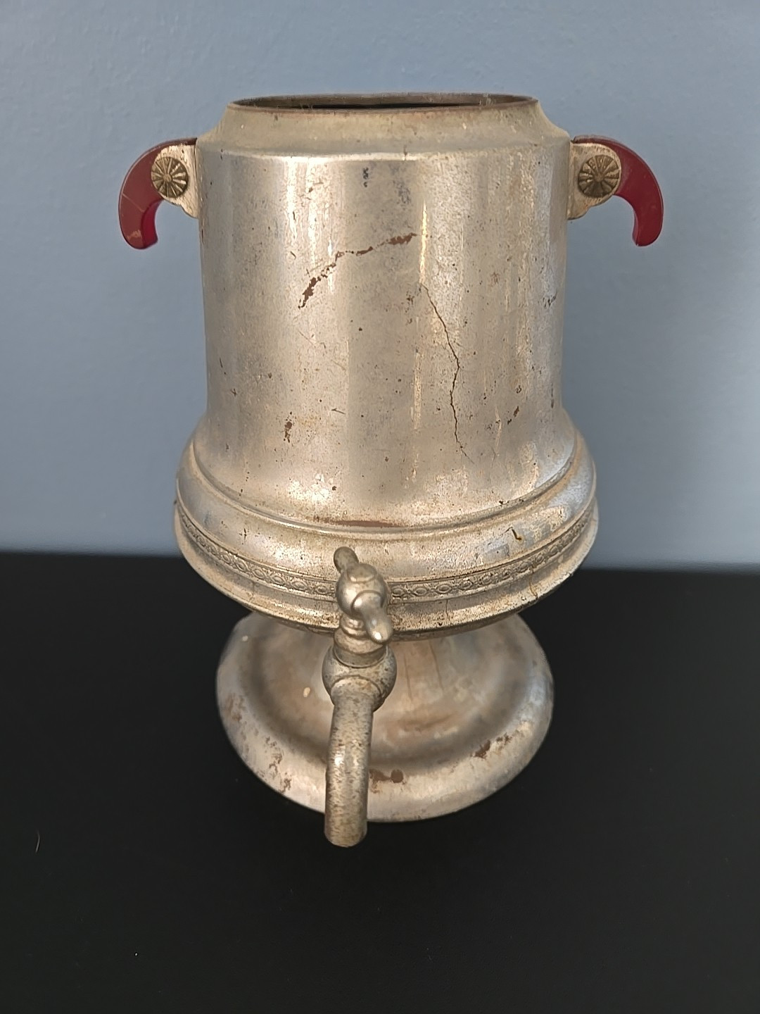 Mid-Century Chrome Coffee Urn w/ Red Lucite Handles 9" Bakelite Art Deco MCM VTG