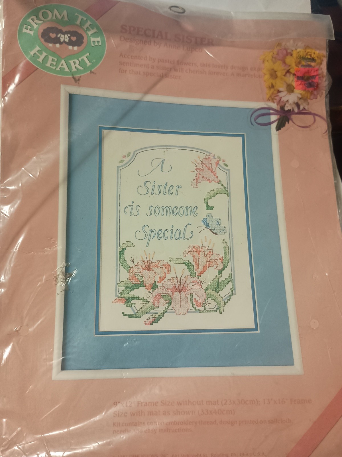 FROM THE HEART Stamped Cross Stitch 53009 SPECIAL SISTER Anne Lupco 9x12” NIP J8