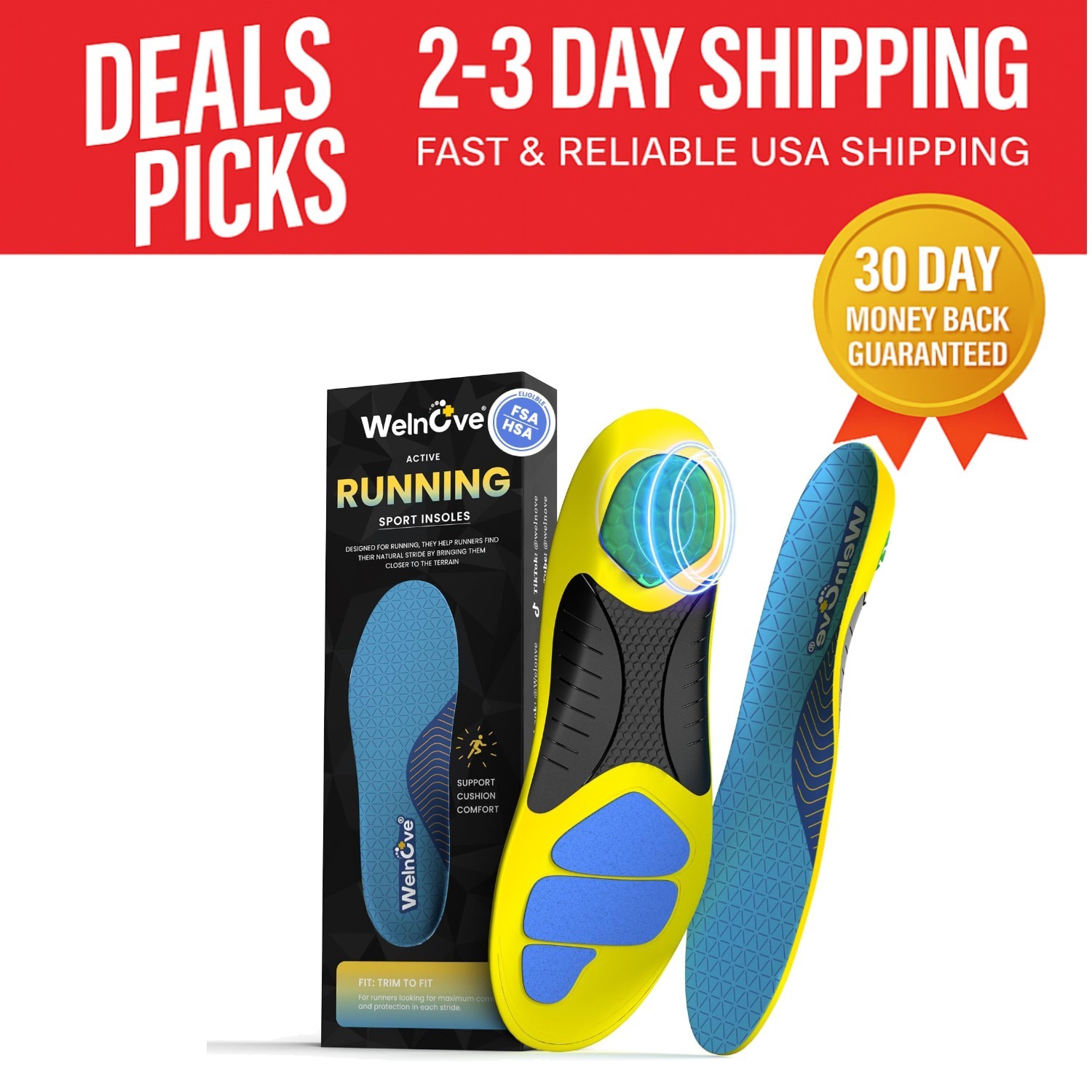 Memory Foam Sports Insoles for Foot Comfort - Injury Protection - Blue L Size