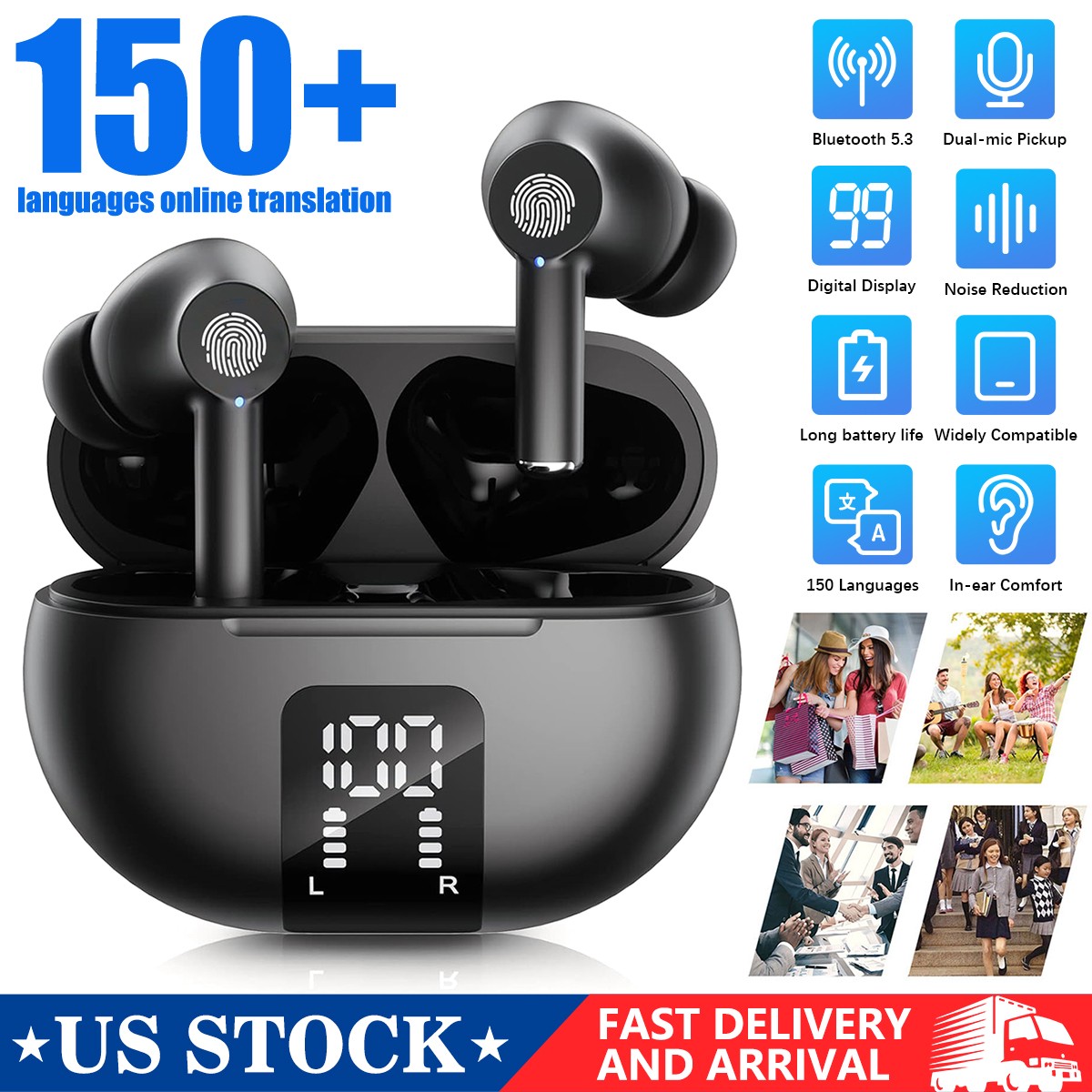 New AI Translator Earbuds 150 Languages Real-Time 2-Way Translation Bluetooth5.3