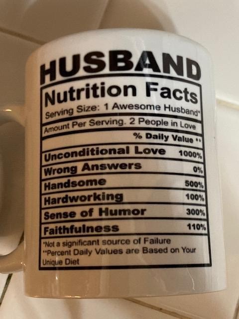 CREATIONS BY LOREN Husband or Wife Nutrition Fact 11oz Coffee Mug /NEW