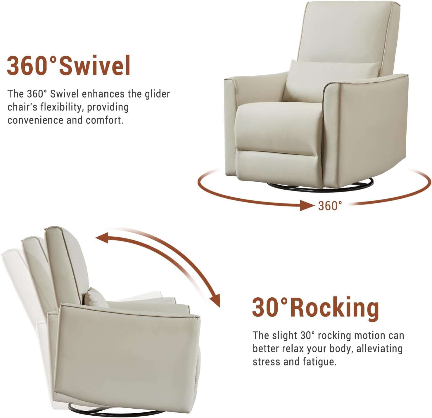Swivel Rocking Recliner Chair Manual Leather Glider with Lumbar Padded Armrest