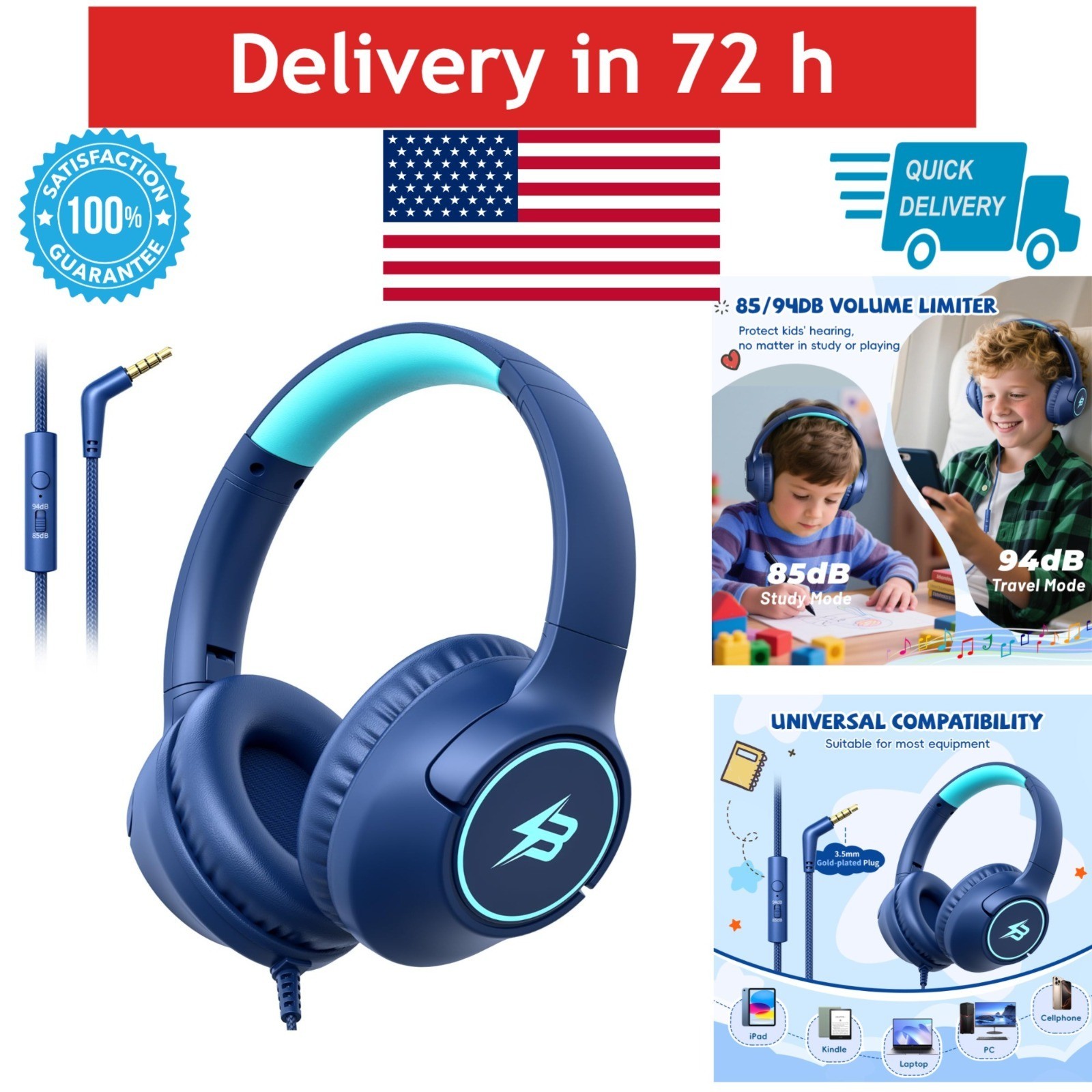 Botesty Sound Kids Headphones Wired 3.5mm Volume Limited Mic Navy