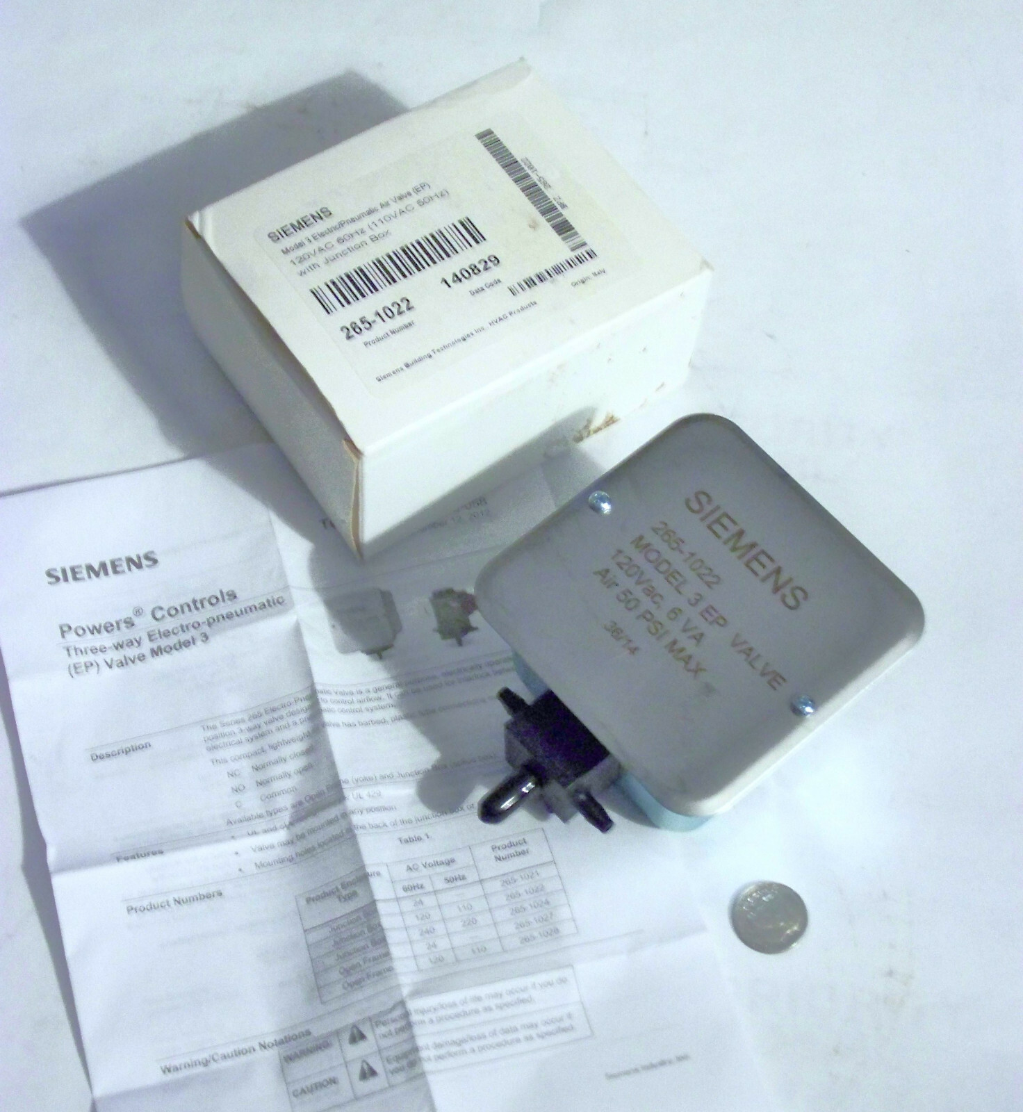 SIEMENS 265-1022 NOS AIR VALVE ELECTRIC / PNEUMATIC 120 V 60HZ 110 V 50HZ W/ BOX