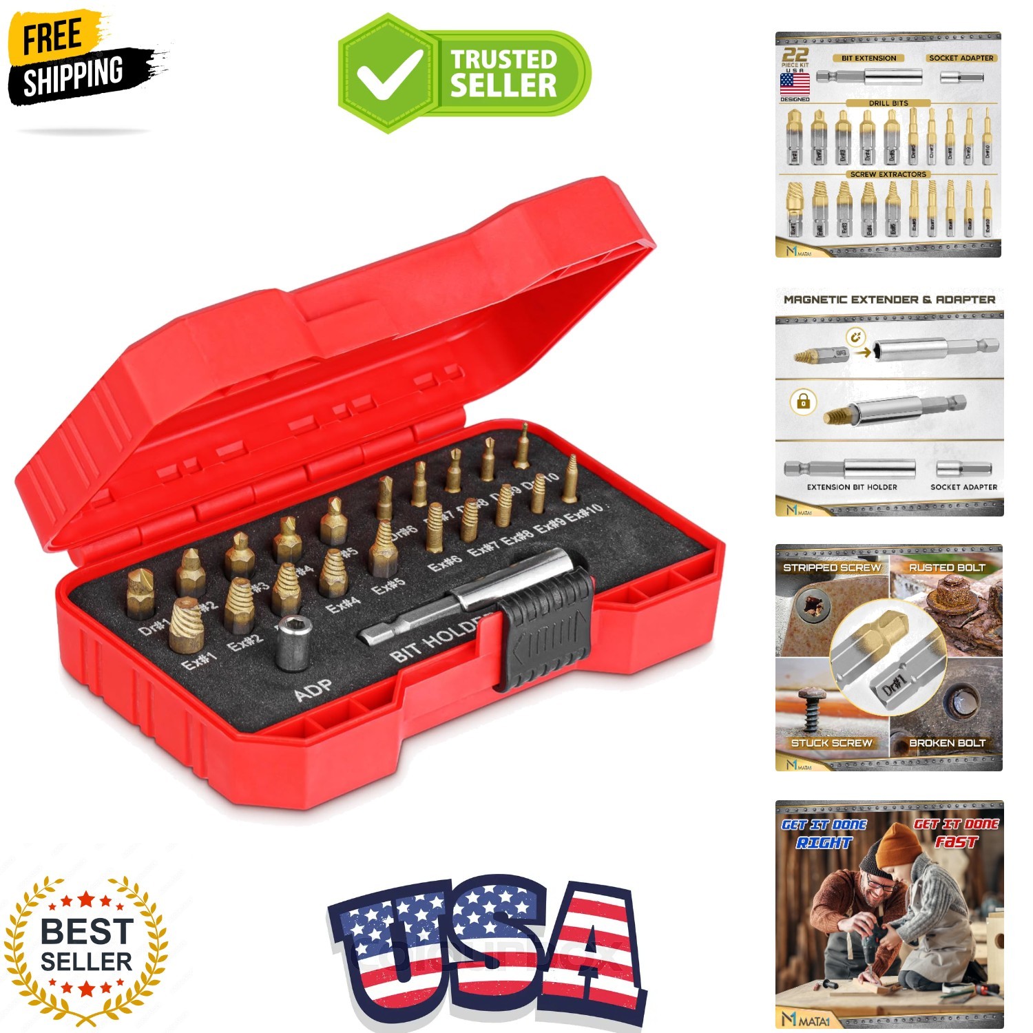 Titanium Screw Extractor Set for Stripped, Broken, Damaged Screws - 22 pc, Si...