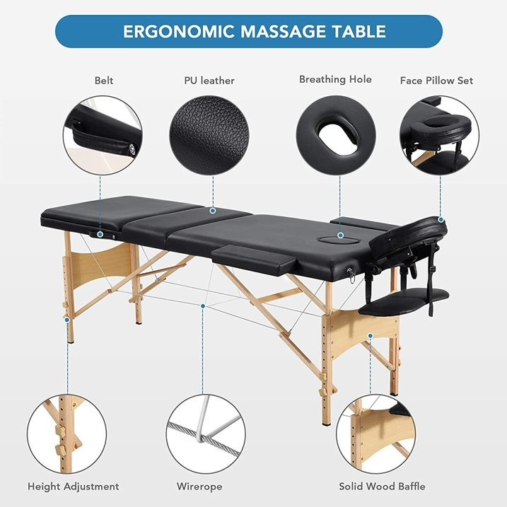 Entil tri-fold massage table adjustable height, 595lbs capacity