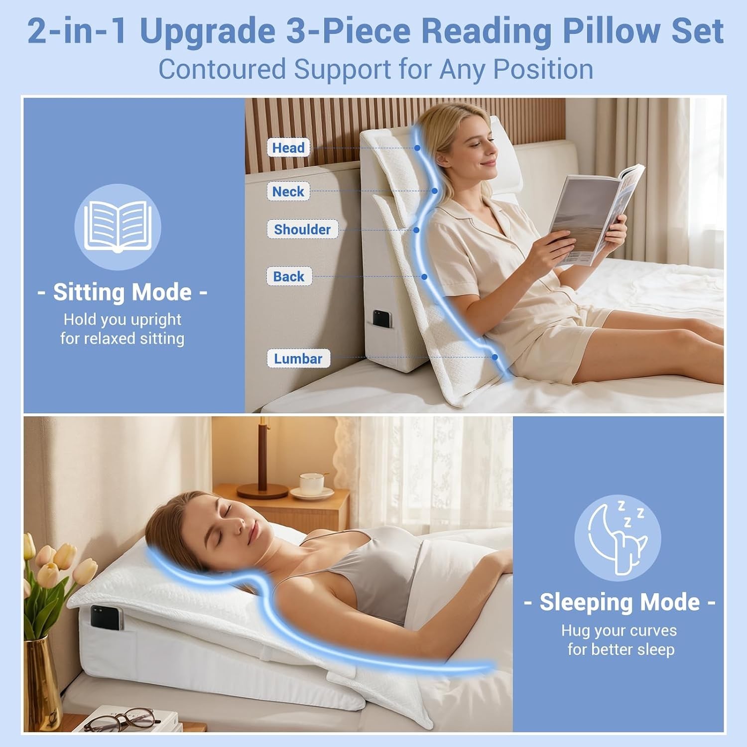 3PCS Bed Wedge Pillow Set for Sleeping, 10" Adjustable Triangle Pillow Wedges fo