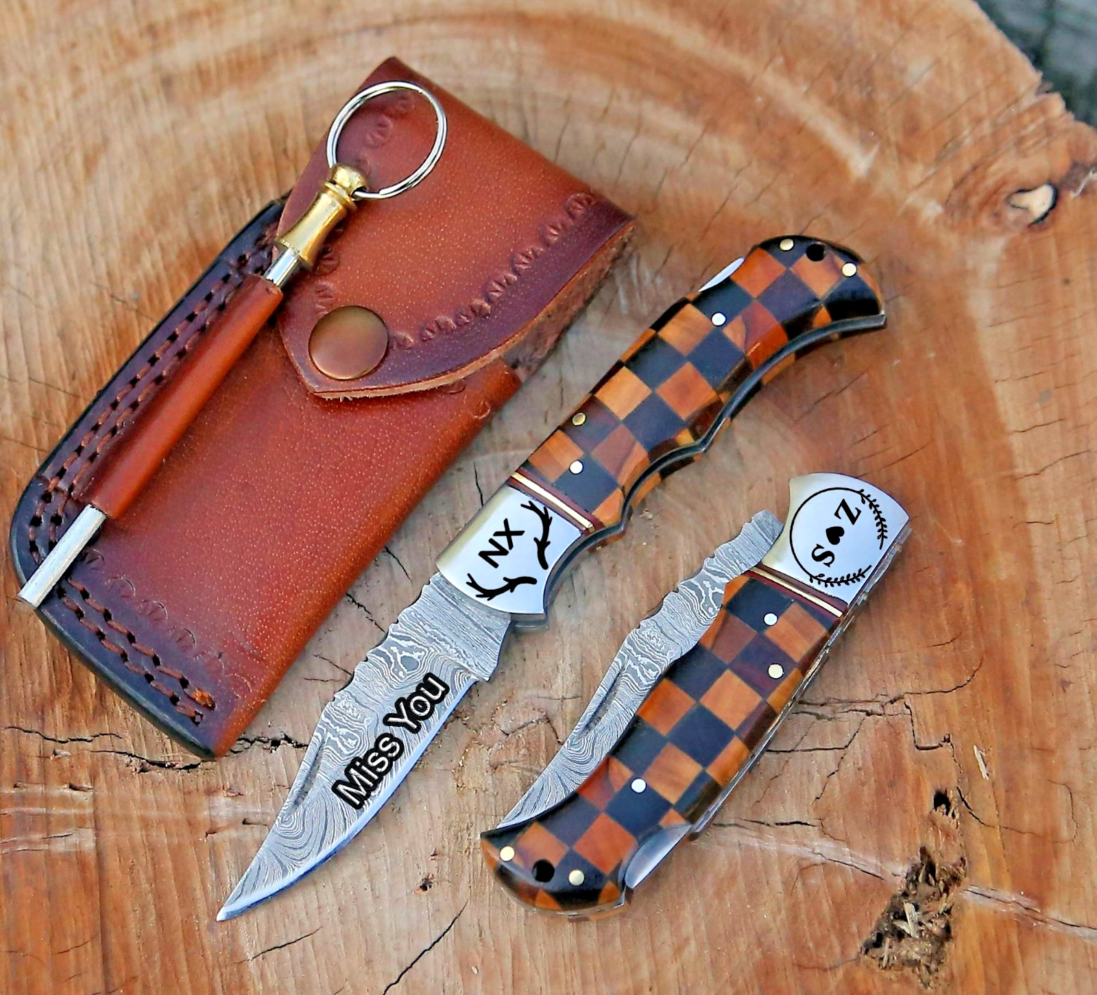 Personalized Handmade Damascus Steel Folding Pocket Knife Rose, Olivewood Handle