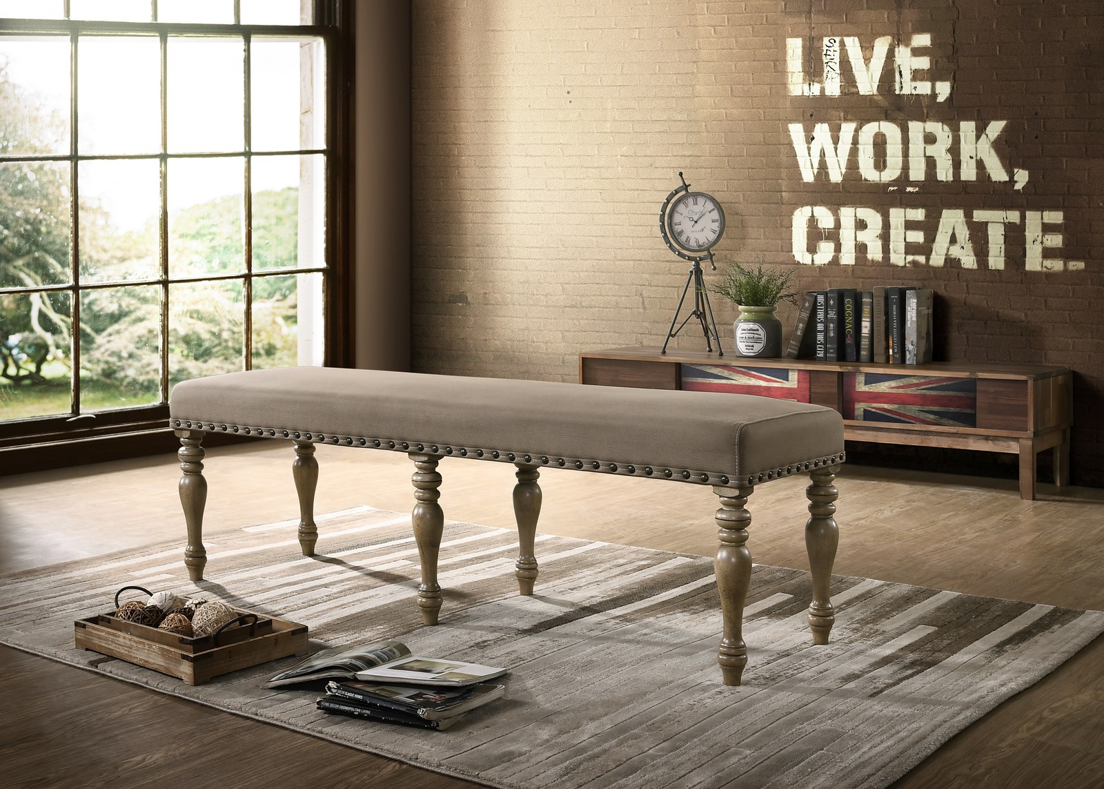 Microfiber Upholstered Bench with Nail Head Trim in Driftwood Finish