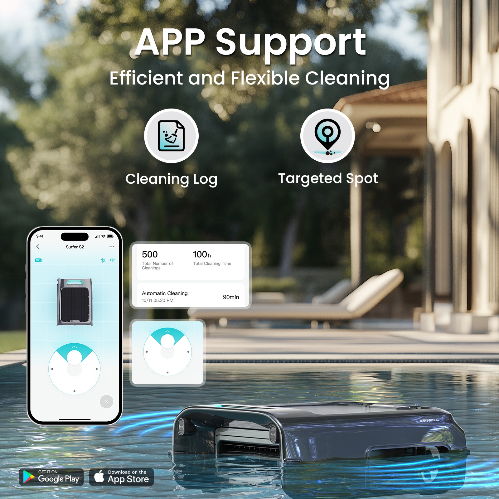 Aiper Robotic Pool Skimmer Automatic Surface Cleaner Solar Power,Surfer S2