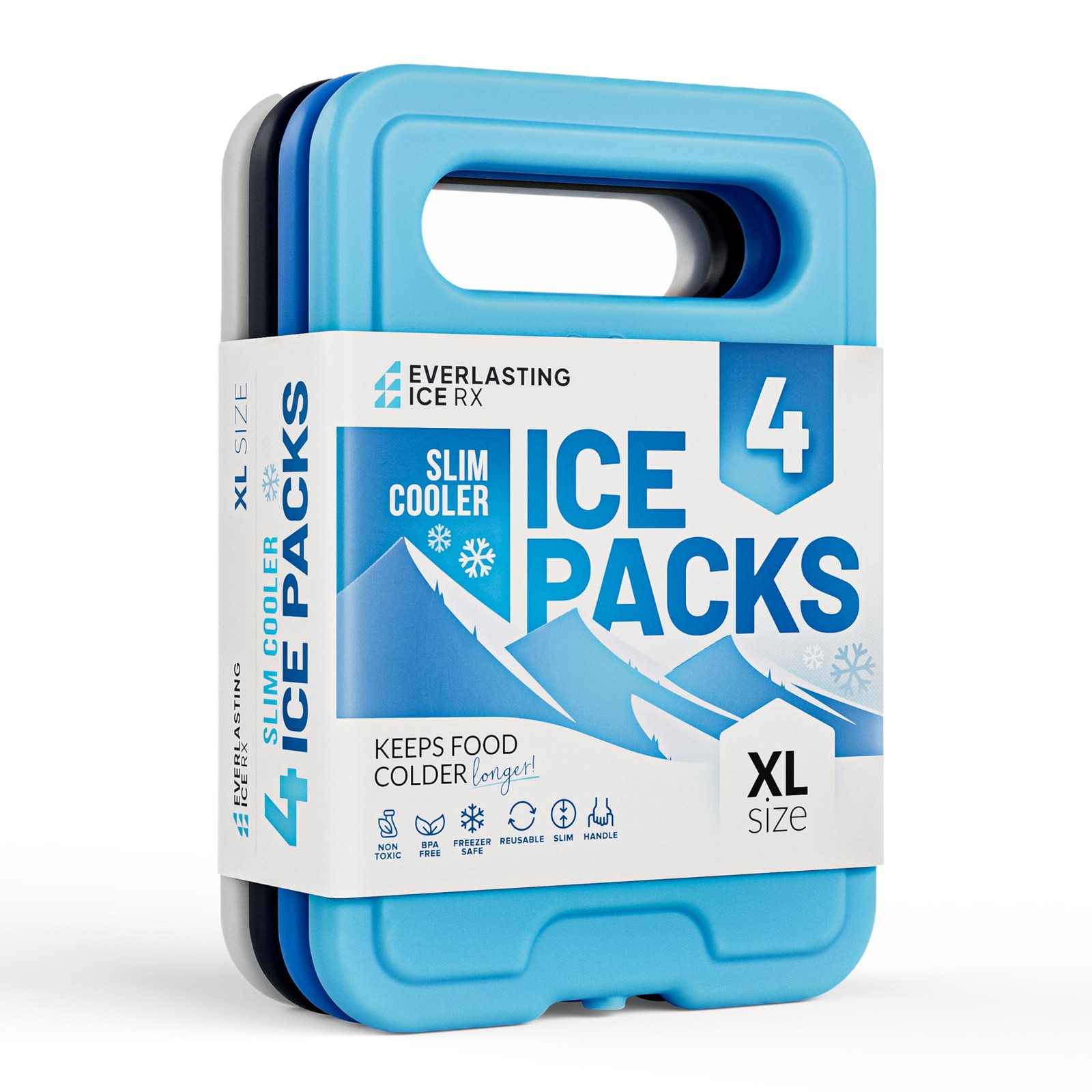 Reusable XL Slim Ice Packs for Lunch Boxes with Handle (4 Pack) BPA Free Free...